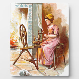 Vintage Drawing: Girl with a Spinning Wheel Plaque