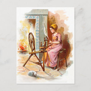 Vintage Drawing: Girl with a Spinning Wheel Postcard