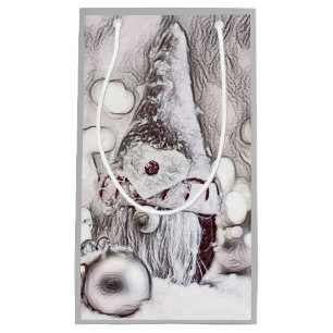Vintage Drawing of a Pink Gnome on snow Small Gift Bag