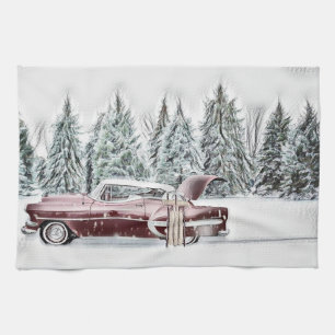 Vintage Drawing of a Red Car and Christmas Trees Kitchen Towel