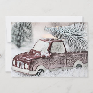 Vintage Drawing of a Red Truck with Christmas Tree Invitation