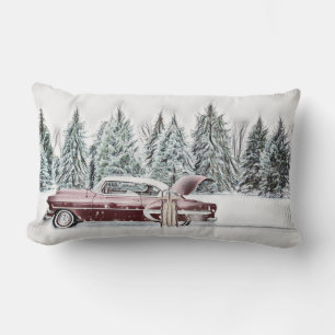 Vintage Drawing of a Red Truck with Christmas Tree Lumbar Pillow
