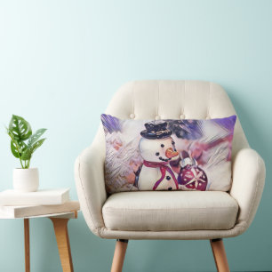 Vintage Drawing of a Snowman in snow watercolor Lumbar Pillow