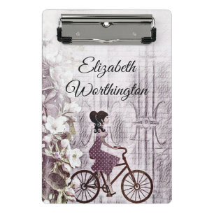 Vintage Drawing of a Young Lady on a Bicycle Mini Clipboard