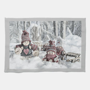 Vintage Drawing of Gnomes in the Snow Kitchen Towel