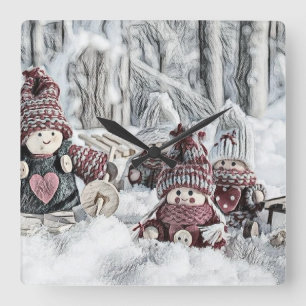 Vintage Drawing of Gnomes in the Snow  Square Wall Clock