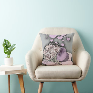 Vintage Drawing of Pink Hearts and Roses in Box Me Throw Pillow