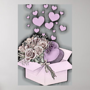Vintage Drawing of Pink Hearts and Roses in Box  Poster