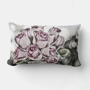 Vintage drawing of Pink Roses Bucket Lumbar Pillow