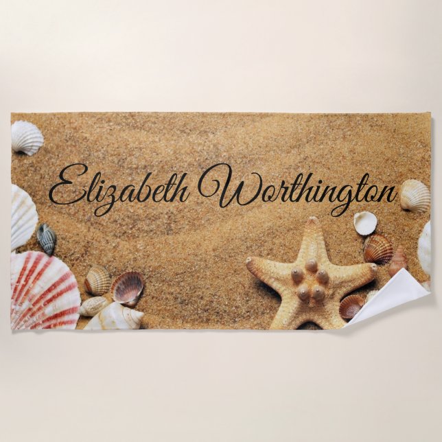 Vintage Drawing of Seashells on Sand Beach Towel (Front)