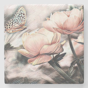 Vintage Drawing Pink and Grey Roses Butterfly  Stone Coaster