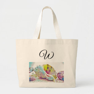 Vintage Drawing Pink Yellow Seashell Large Tote Bag