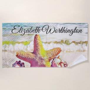 Vintage Drawing Pink Yellow Star Seashells Beach Towel