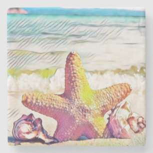 Vintage Drawing Pink Yellow Star Seashells Stone Coaster