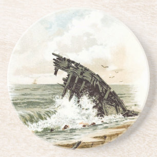 Vintage Drawing: Shipwreck on the Beach Coaster