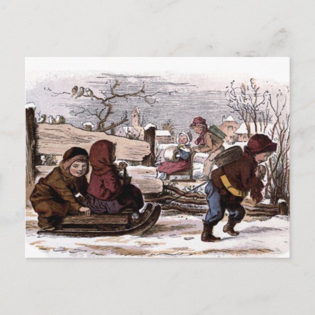 Vintage Drawing: Sled in the Snow Postcard (Front)