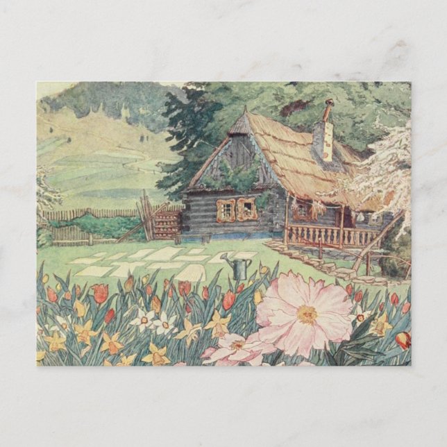 Vintage Drawing: Small Mountain Cottage in Spring Postcard (Front)