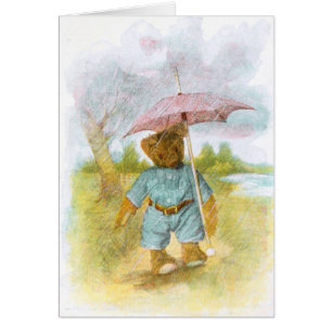 Vintage Drawing: Teddy Bear in the Rain