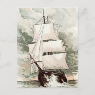 Vintage Drawing: Three Masted Ship Postcard