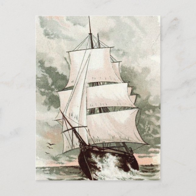 Vintage Drawing: Three Masted Ship Postcard (Front)