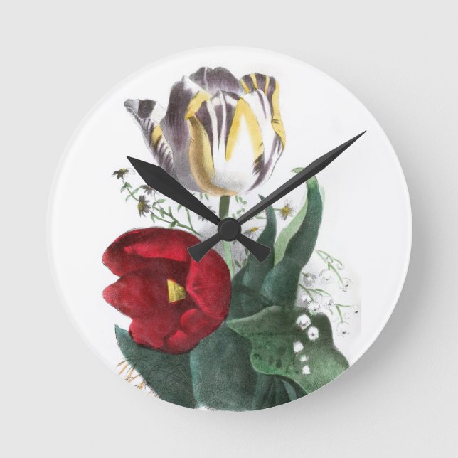 Vintage Drawing: Tulips Round Clock (Front)