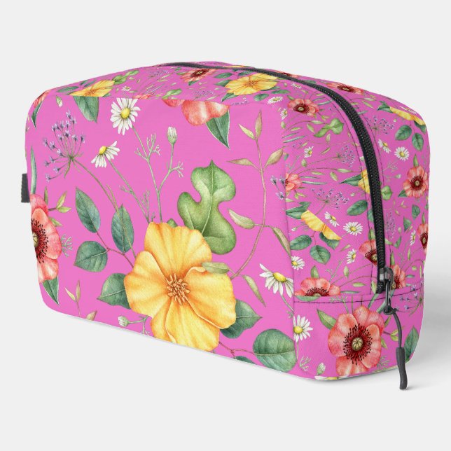 Vintage Drawing Wildflowers / Chick, Pink Dopp Kit (Right Corner)