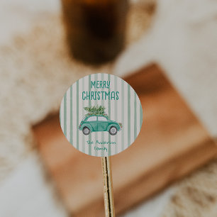 Vintage Drawn Quirky Car Tree Merry Christmas Classic Round Sticker