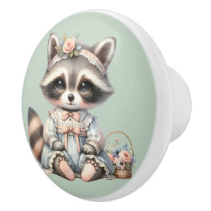Vintage Dressed Cottagecore Raccoon Pastel Ceramic Knob