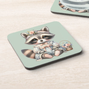 Vintage Dressed Cottagecore Raccoon Pastel Coaster