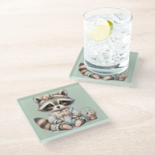 Vintage Dressed Cottagecore Raccoon Pastel Glass Coaster