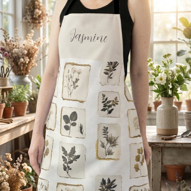 Vintage dried pressed wildflowers Name Monogram  Apron (Creator Uploaded)