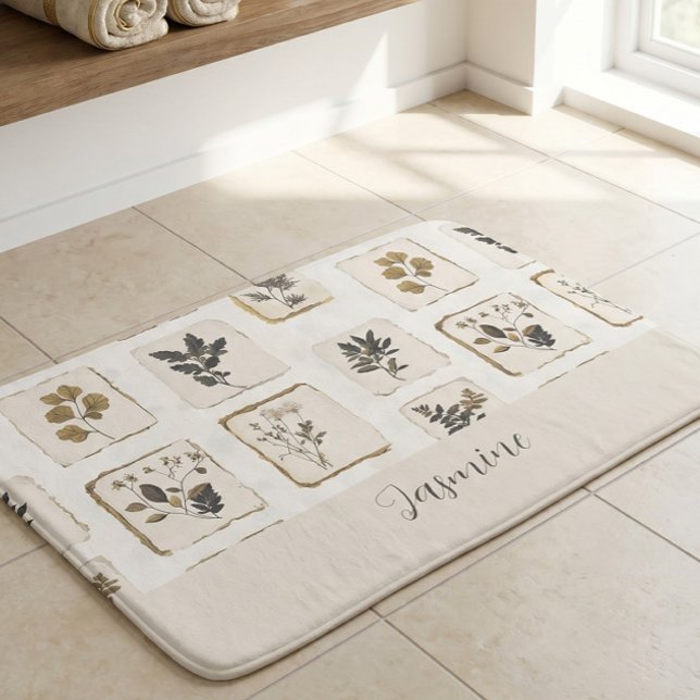 Vintage dried pressed wildflowers Name Monogram  Bath Mat (Creator Uploaded)