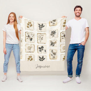 Vintage dried pressed wildflowers Name Monogram Fleece Blanket