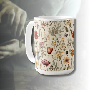 Vintage Dried Wildflower Burgundy Pink Yellow Coffee Mug