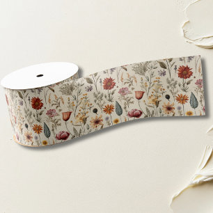 Vintage Dried Wildflower Burgundy Pink Yellow Grosgrain Ribbon