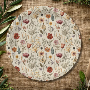 Vintage Dried Wildflower Burgundy Pink Yellow Paper Plate