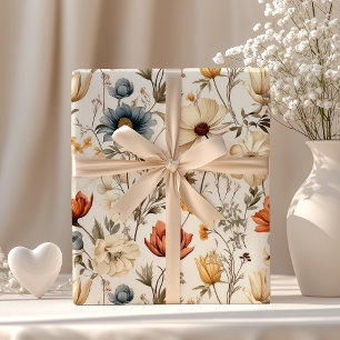 Vintage Dried Wildflower Navy Terracotta Wrapping Paper