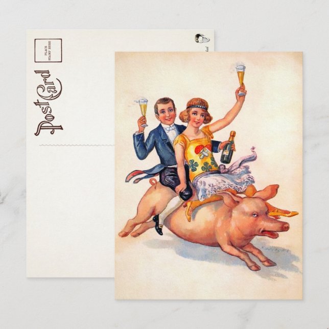 Vintage Drinking Couple Riding Pig Postcard  (Front/Back)