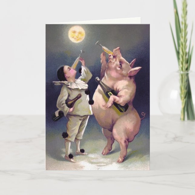 Vintage Drinking Pig Christmas Card (Front)