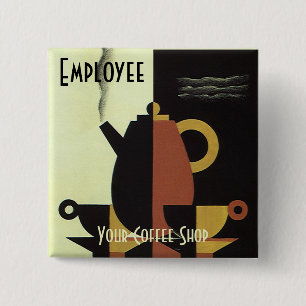 Vintage Drinks Beverages Coffee Pot with Cups 2 Inch Square Button