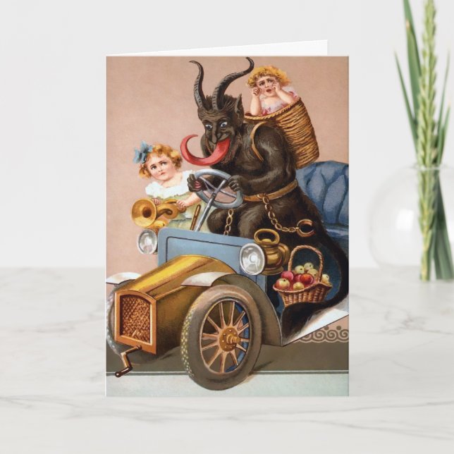 Vintage Driving Krampus Holiday Card (Front)