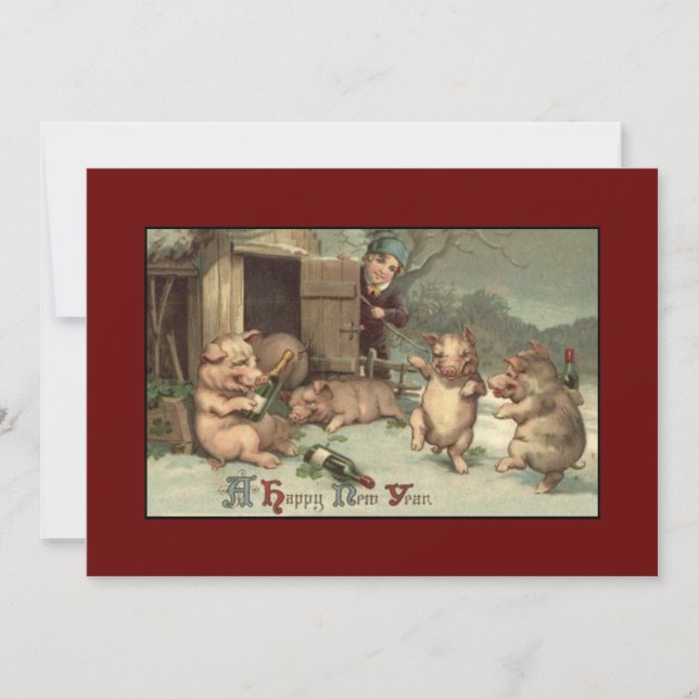 Vintage Drunken Pigs Happy New Years Holiday Card (Front)