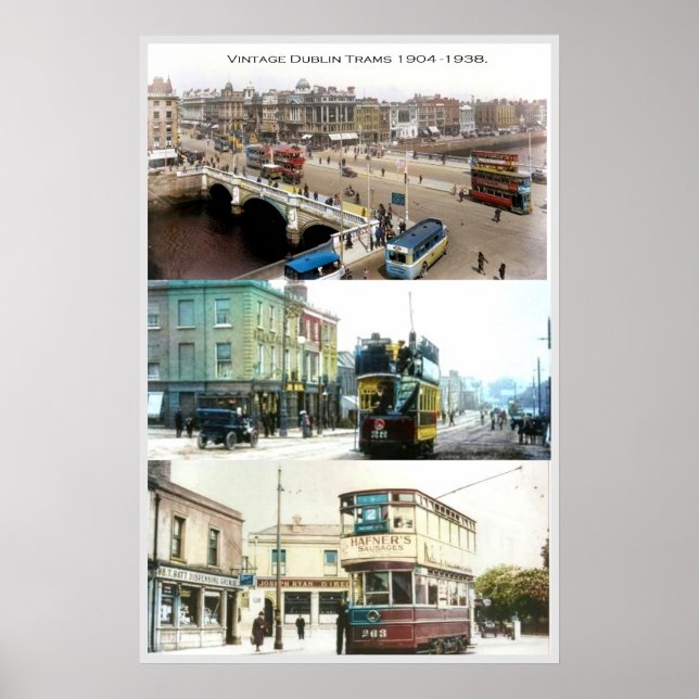 Vintage Dublin City Ireland Trams Images Poster (Front)