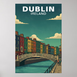 Vintage Dublin Ireland Ha'penny Bridge Travel Poster
