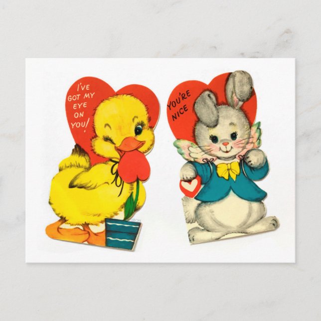 Vintage Duck & Bunny Child’s Valentine postcard (Front)