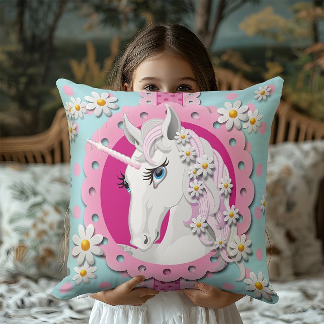 Vintage Duck Egg Blue Unicorn and Daisies Floral Throw Pillow (Creator Uploaded)