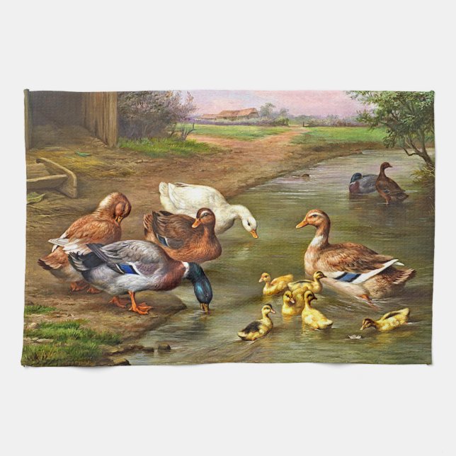 Vintage Ducks Ducklings Farm Animals Kitchen Towel (Horizontal)