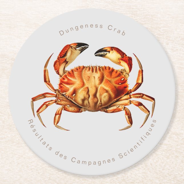 Vintage Dungeness Crab Illustration Round Paper Coaster (Front)