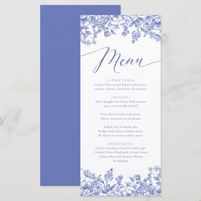 Vintage Dusty Blue Floral Chinoiserie Botanical Menu (Front/Back)