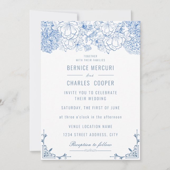 Vintage Dusty Blue Floral Elegant Wedding Invitation (Front)